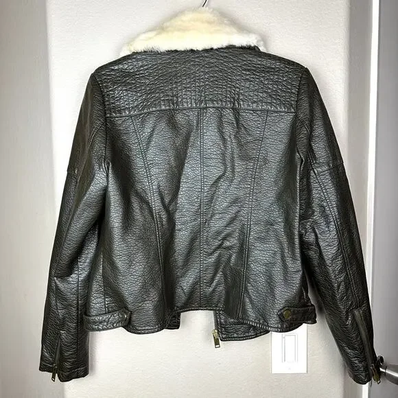 French Connection Faux Leather Fur Collar Moto Jacket Olive Green Large - Picture 3 of 11